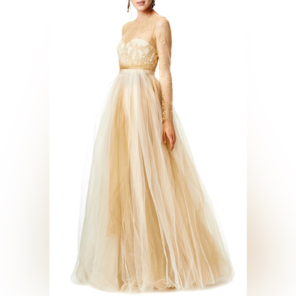 Marchesa Notte Dipped in Gold Lace Gown